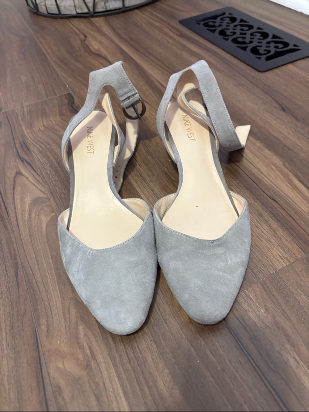 Nine West Light Grey Suede D'Orsay Block Heel Sandals